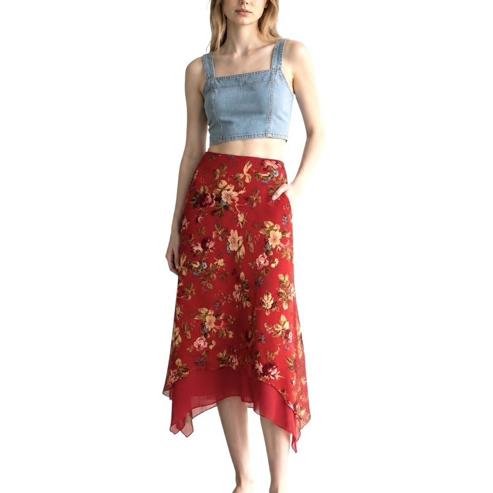 VTG Y2K Midi Skirt Size S Floral Asymmetrical Hem Lined Whimsical Ethereal Fairy